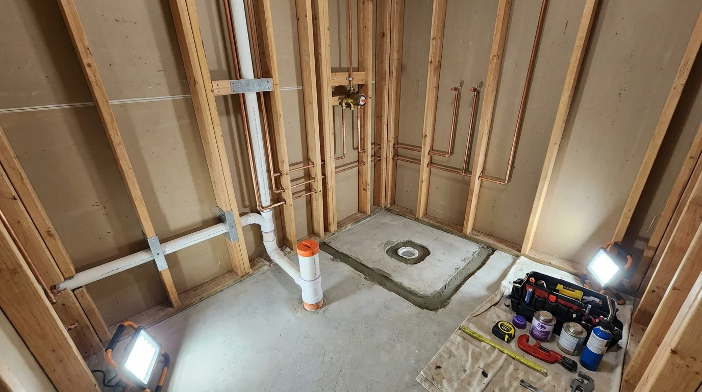 Bathroom rough-in plumbing during remodel by Johns Plumbing LLC in Connellsville