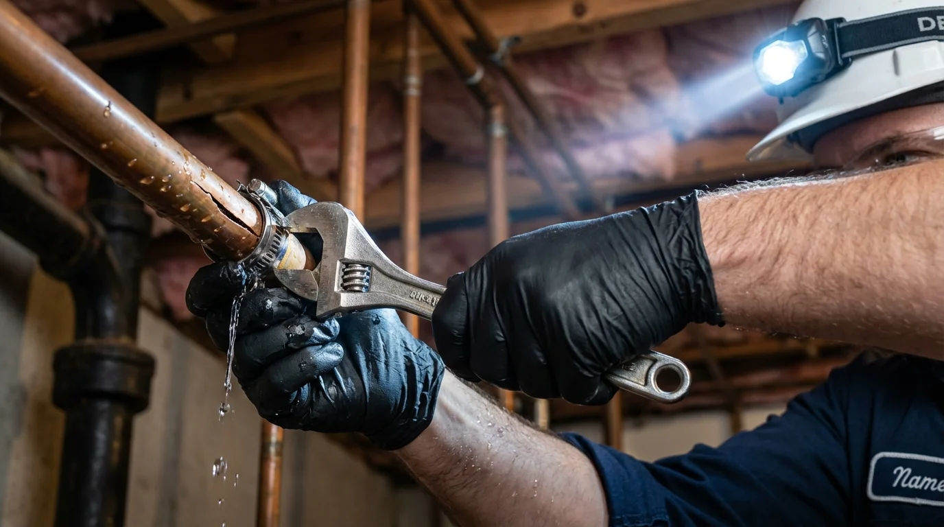 Emergency pipe clamp repair being performed by a Johns Plumbing LLC plumber in Connellsville