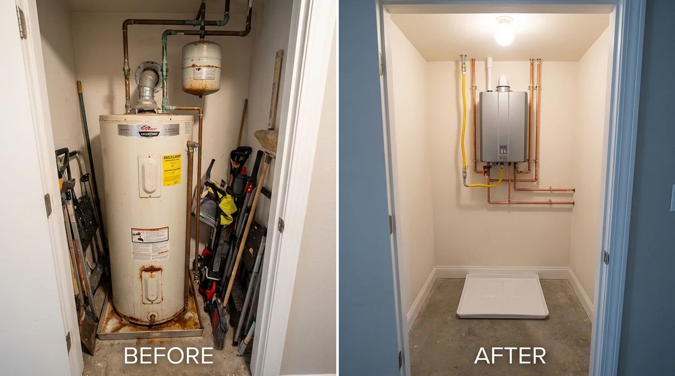 Tank water heater versus wall-mounted tankless unit comparison for Connellsville, PA homeowners