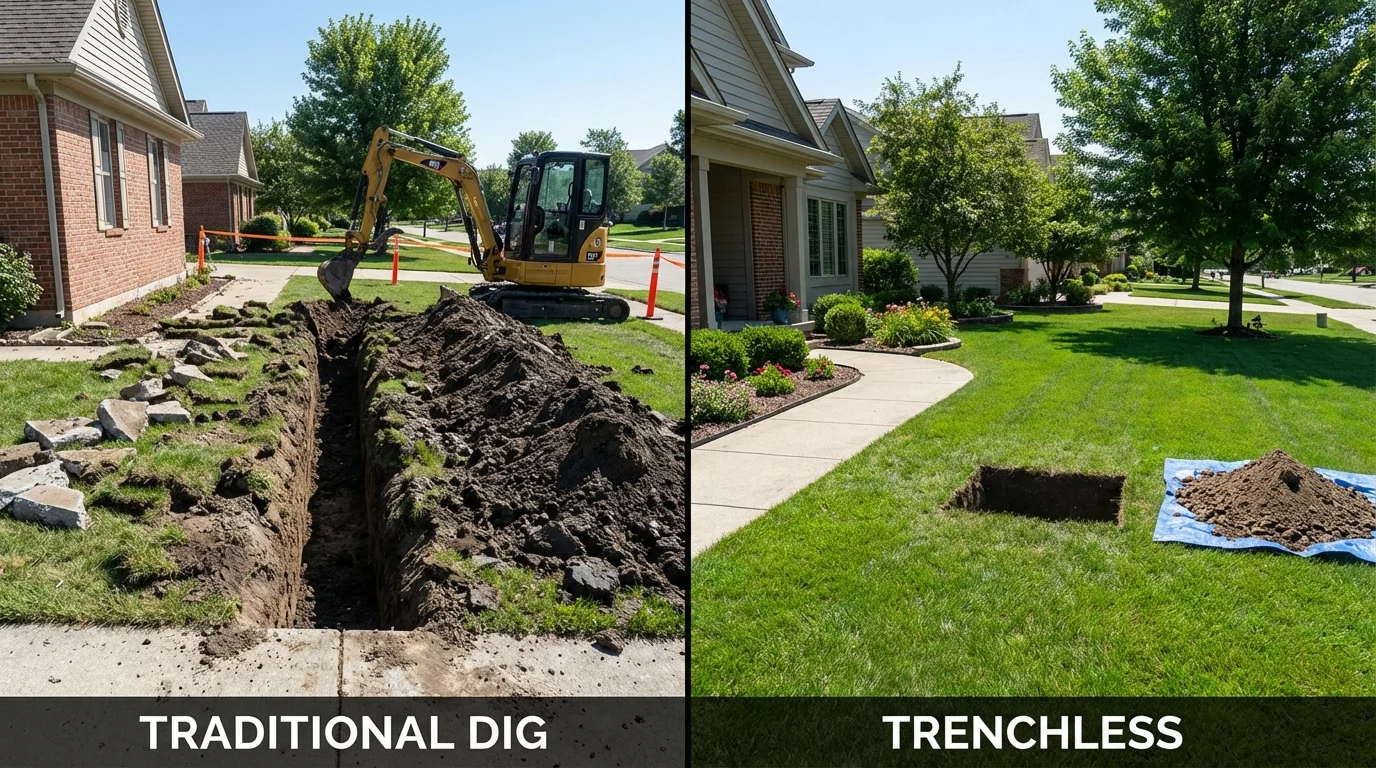 Trenchless sewer repair with minimal yard damage versus traditional excavation in Connellsville, PA
