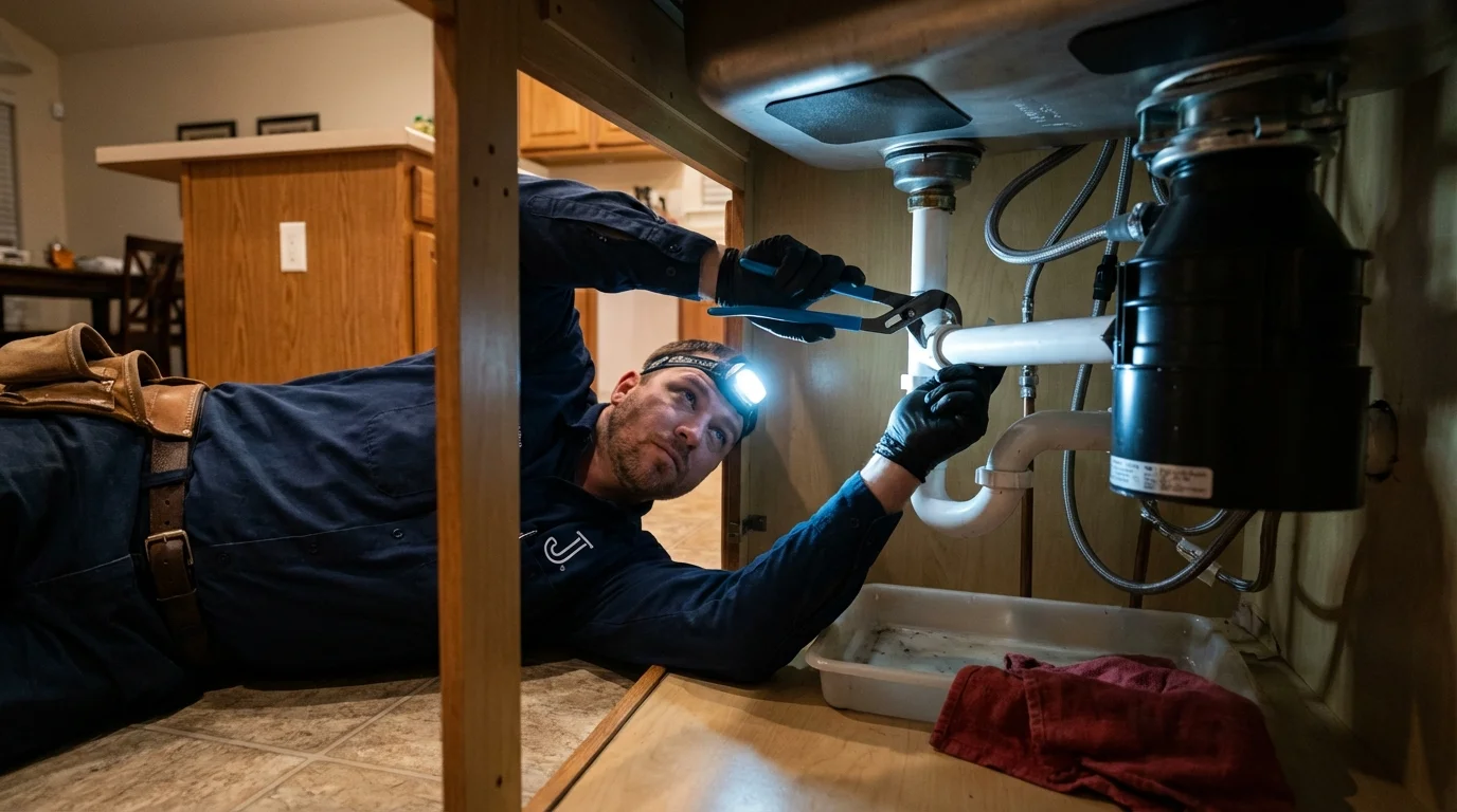 P-trap and supply line connections under a kitchen sink showing a common leak point in Connellsville, PA